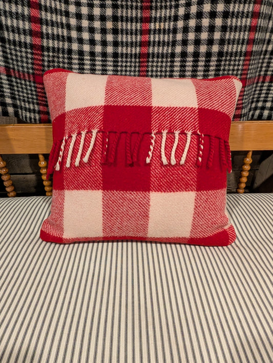 Red and Cream Wool Blanket pillow with fringe