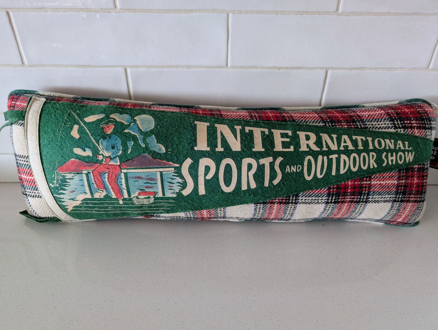 International sports and outdoor show pennant pillow vintage